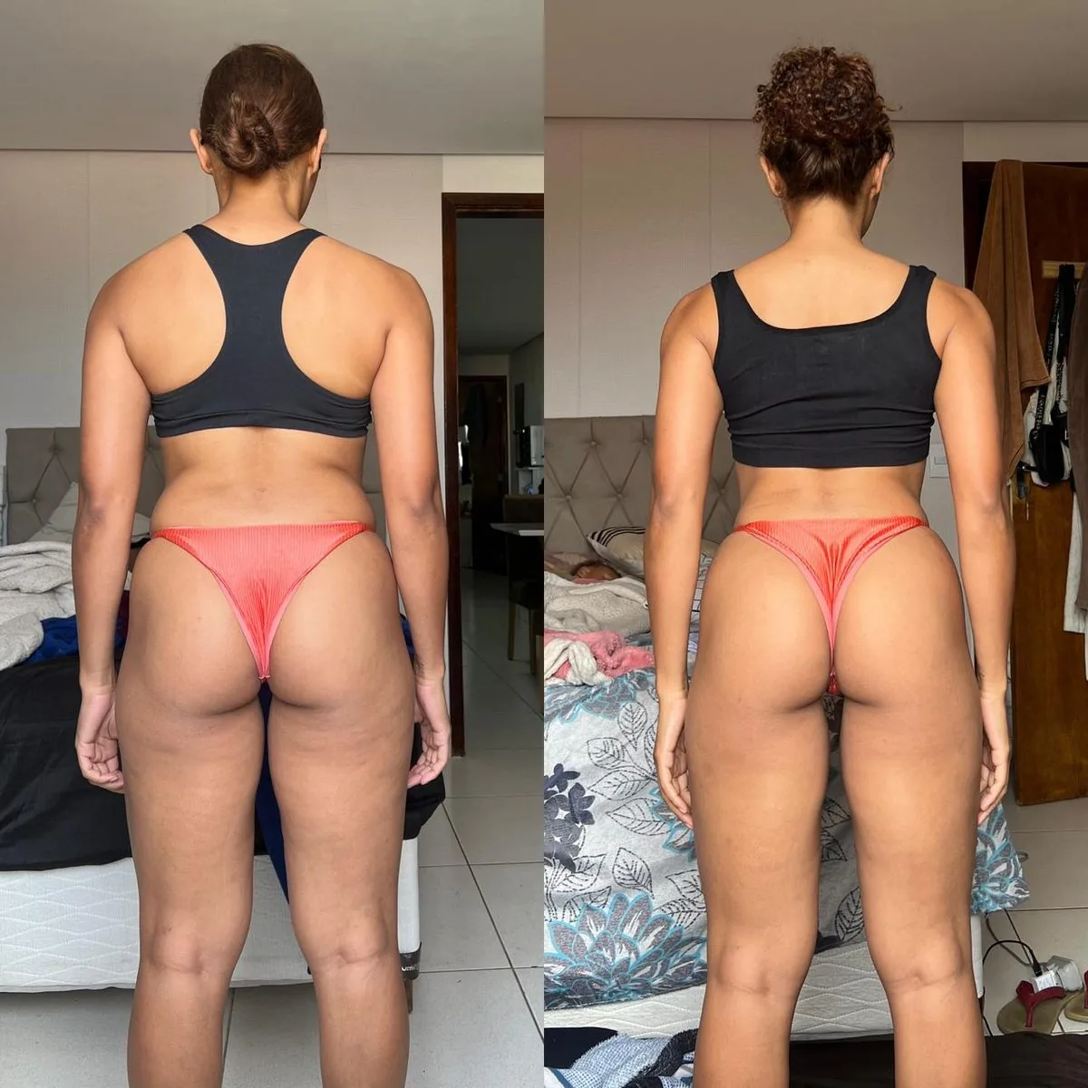 Comparação de evolução corporal de aluna, vista posterior, publicada por Hugo Tisk